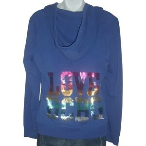 BCBG MaxAzria Hoodie Sequin Love Logo Sweatshirt Blue  Athleisure Sporty Casual
